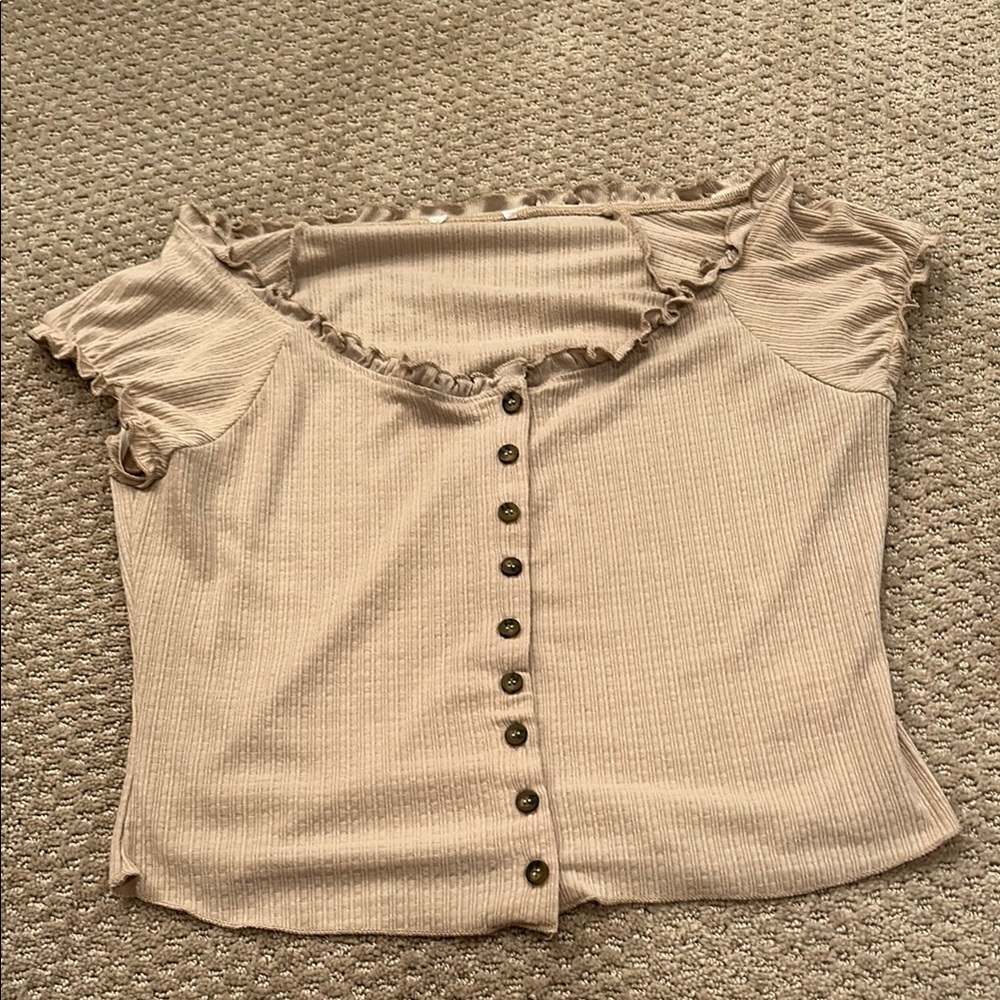 Altar'd State Tan Ruffled Buttoned Blouse